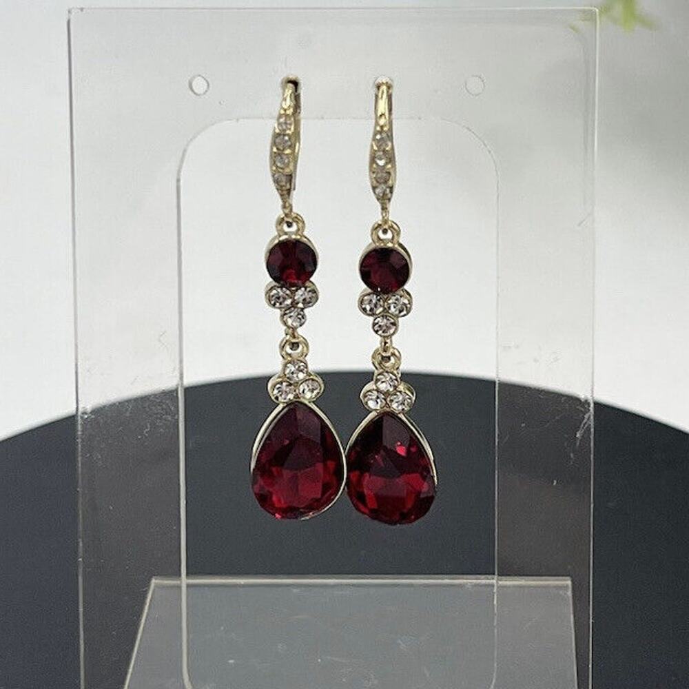 Givenchy Womens Gold Tone Red Clear Crystal Dangle Drop Lever-back Earring New